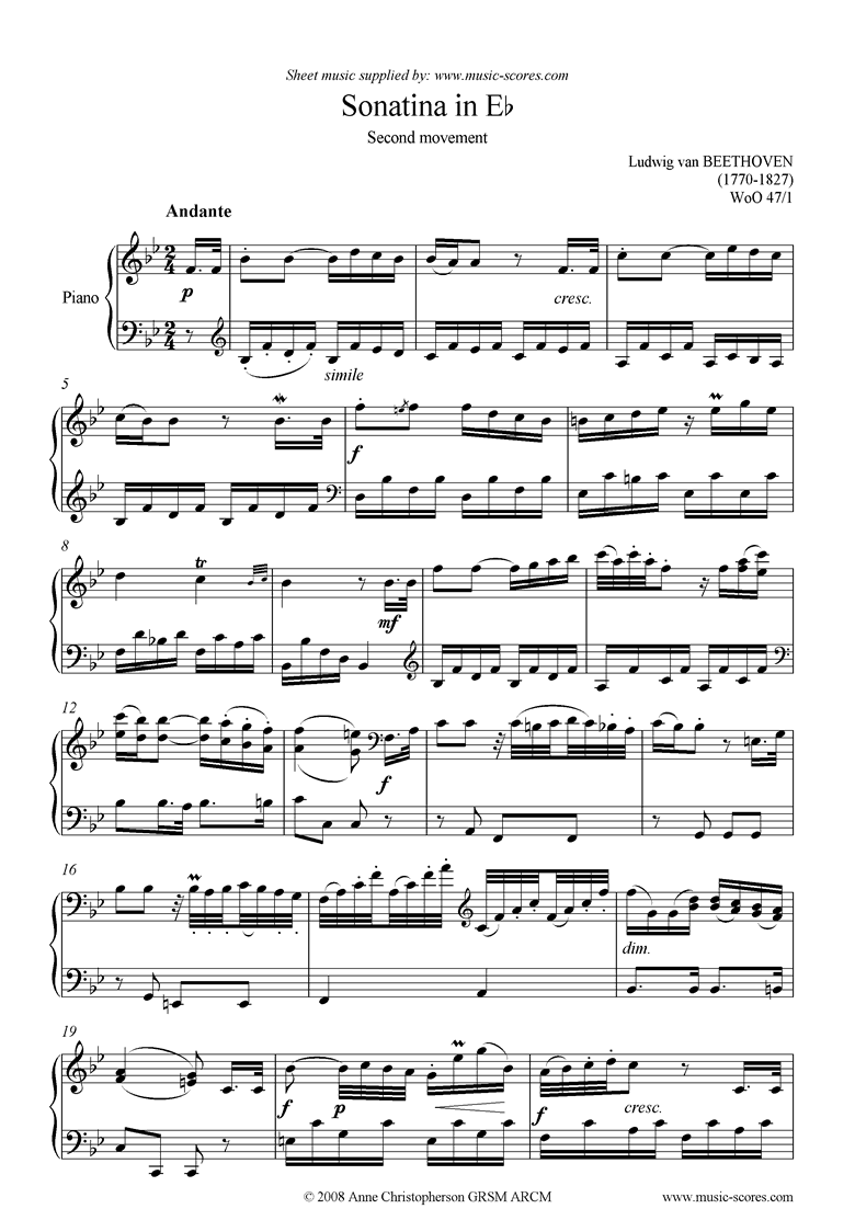 Front page of Sonatina in Eb b: 2nd movement: Andante sheet music