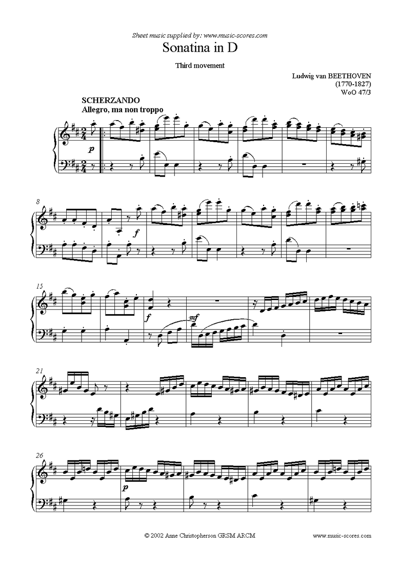 Front page of Sonatina in D, 3rd movement sheet music