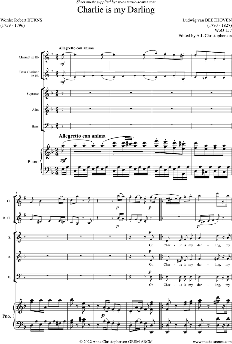 Front page of Oh Charlie is my Darling: SAB Voices, Clarinet, Bass Clarinet and Piano. sheet music