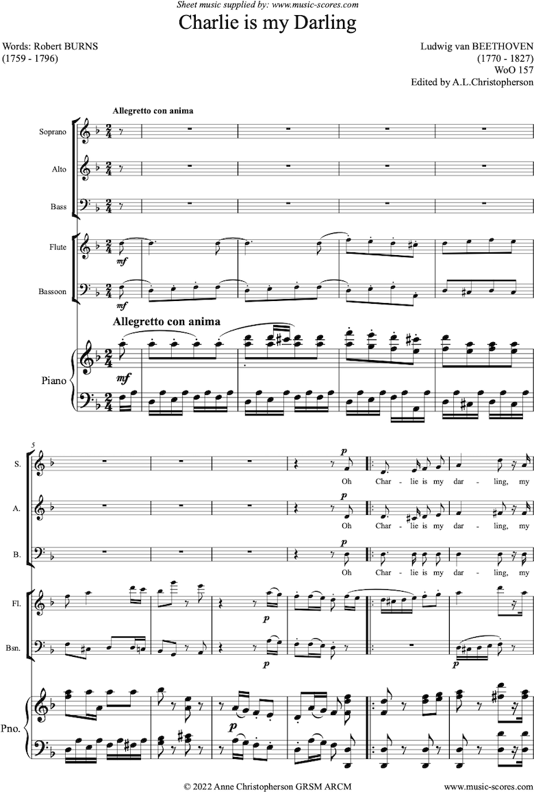 Front page of Oh Charlie is my Darling: SAB Voices, Flute, Bassoon and Piano. sheet music