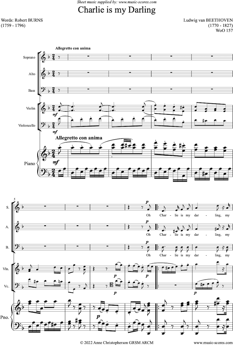 Front page of Oh Charlie is my Darling: SAB Voices, Violin, Cello and Piano. sheet music