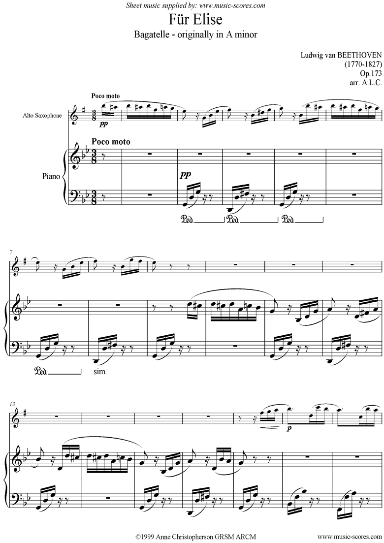 Beethoven. Fur Elise Alto Sax classical sheet music