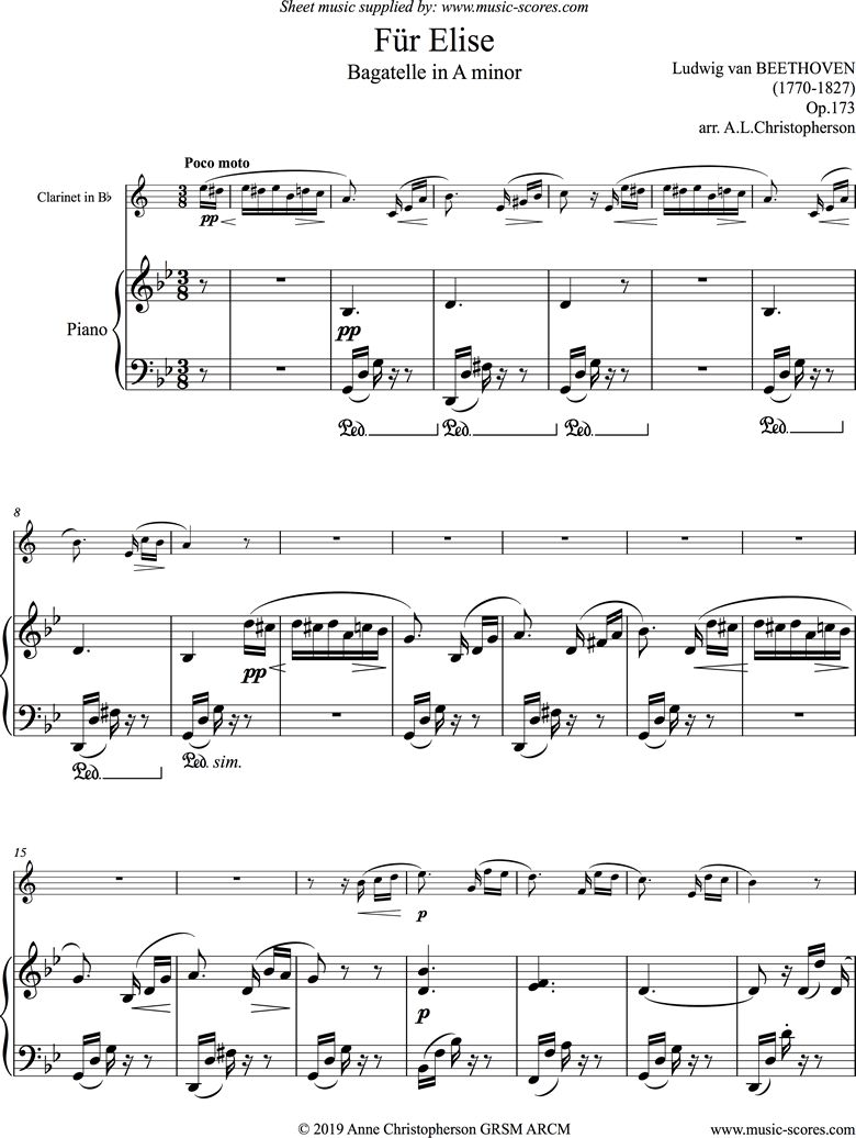 Front page of Für Elise: Clarinet sheet music
