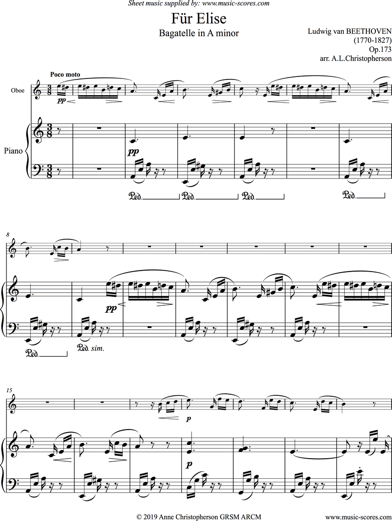 Front page of Für Elise: Oboe sheet music