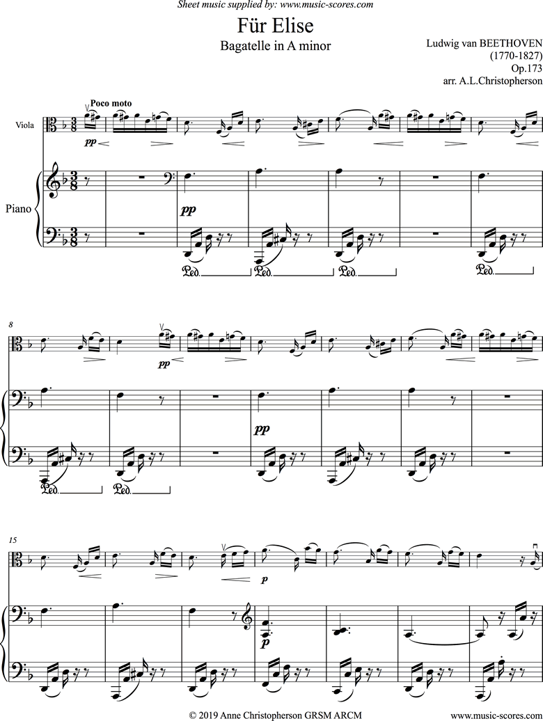 Front page of Für Elise: Viola sheet music