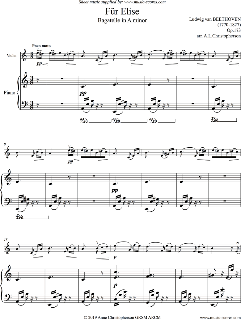 Front page of Für Elise: Violin sheet music