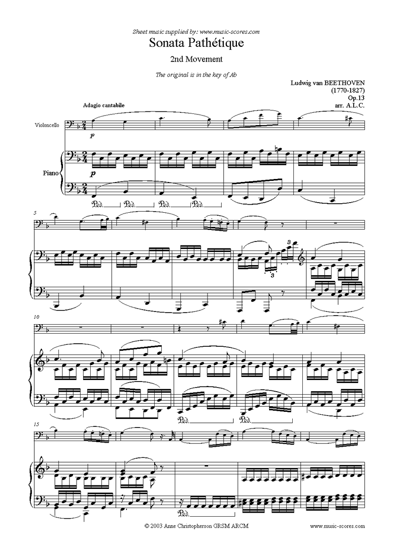Front page of Op.13: Sonata 08: Pathétique, 2nd mvt: Easy Cello sheet music