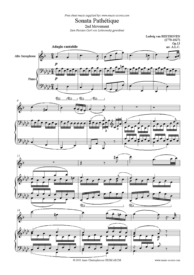 Front page of Op.13: Sonata 08:Pathétique, 2nd mvt: Alto Sax sheet music