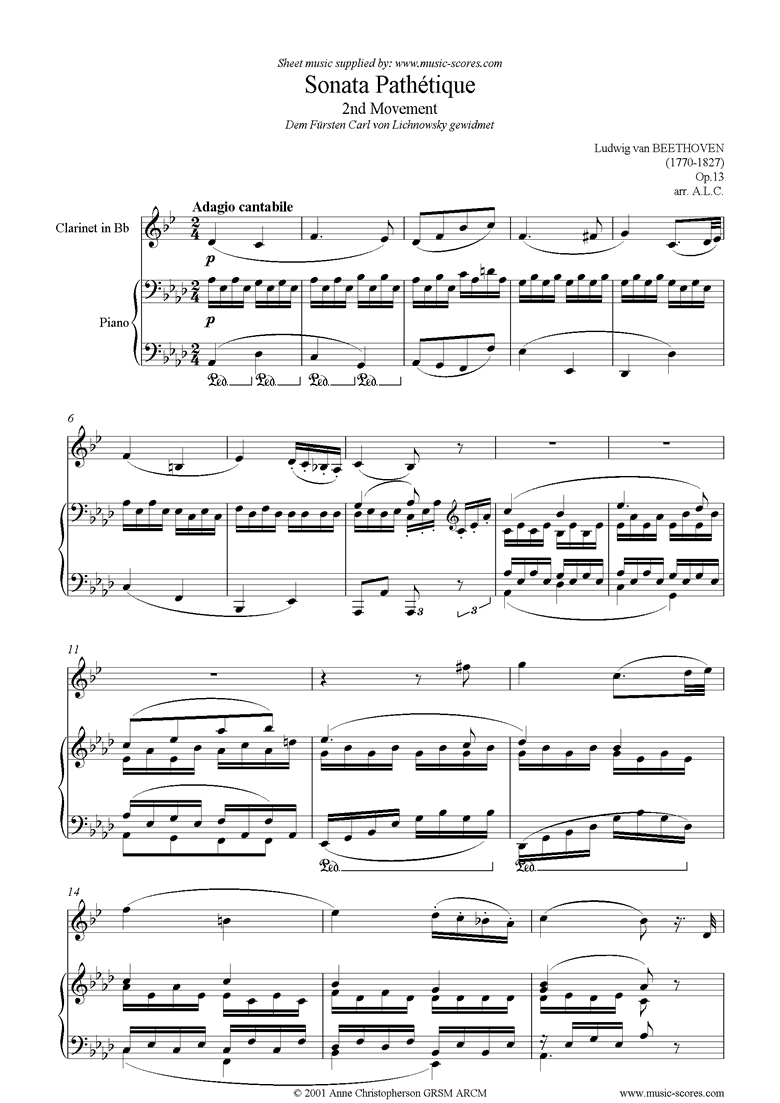 Front page of Op.13: Sonata 08: Pathétique, 2nd mvt: Clarinet sheet music
