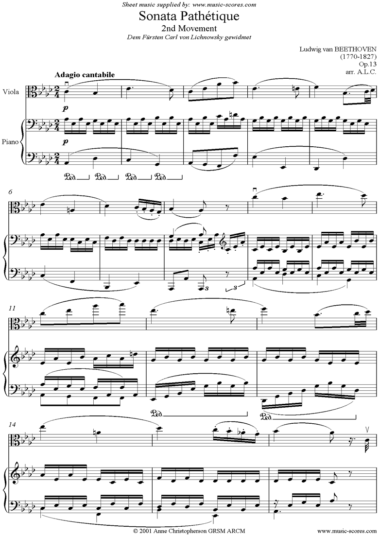 Front page of Op.13: Sonata 08: Pathétique, 2nd mvt: Viola sheet music
