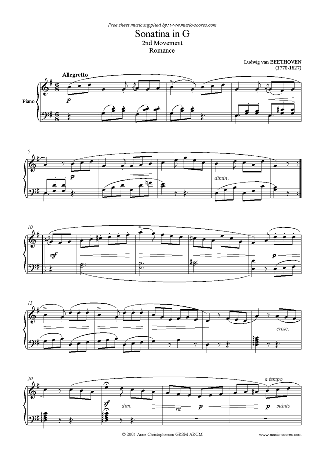 Front page of Sonatina in G, 2nd movement: Romance sheet music