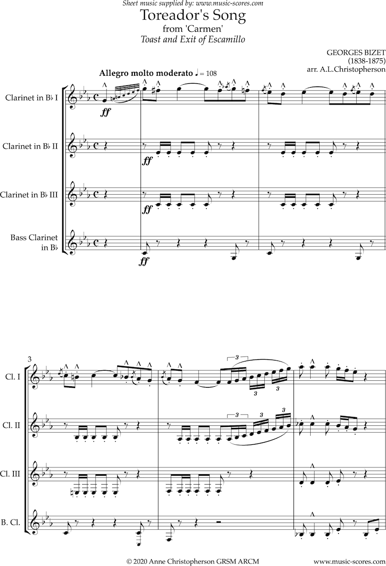 Front page of Toreadors Song: from Carmen: Clarinet quartet: Long sheet music