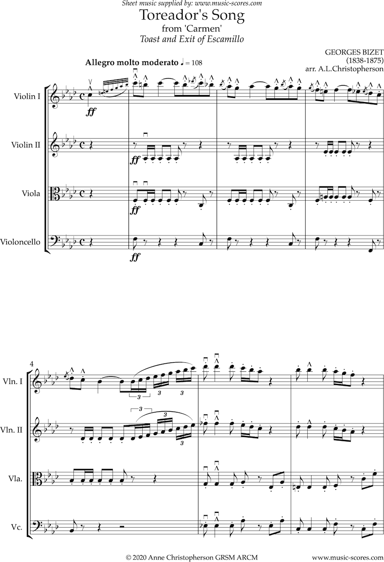 Front page of Toreadors Song: from Carmen: String quartet: Long sheet music