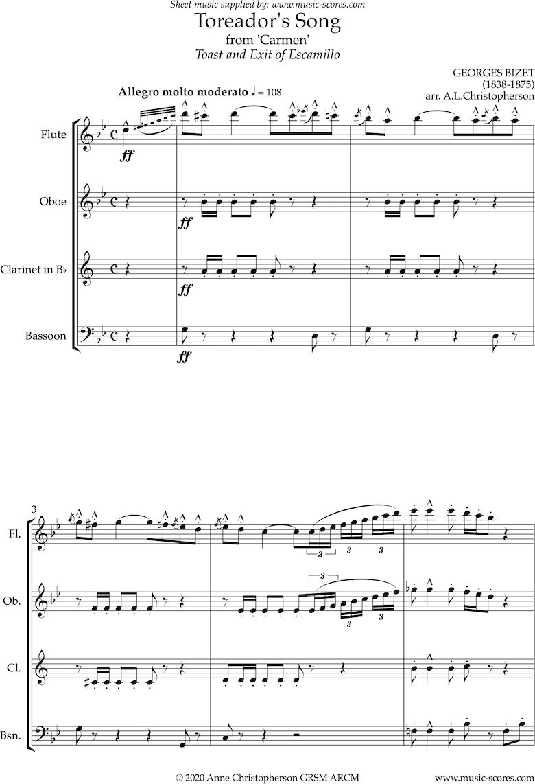 Front page of Toreadors Song: from Carmen: Wind quartet: Long sheet music