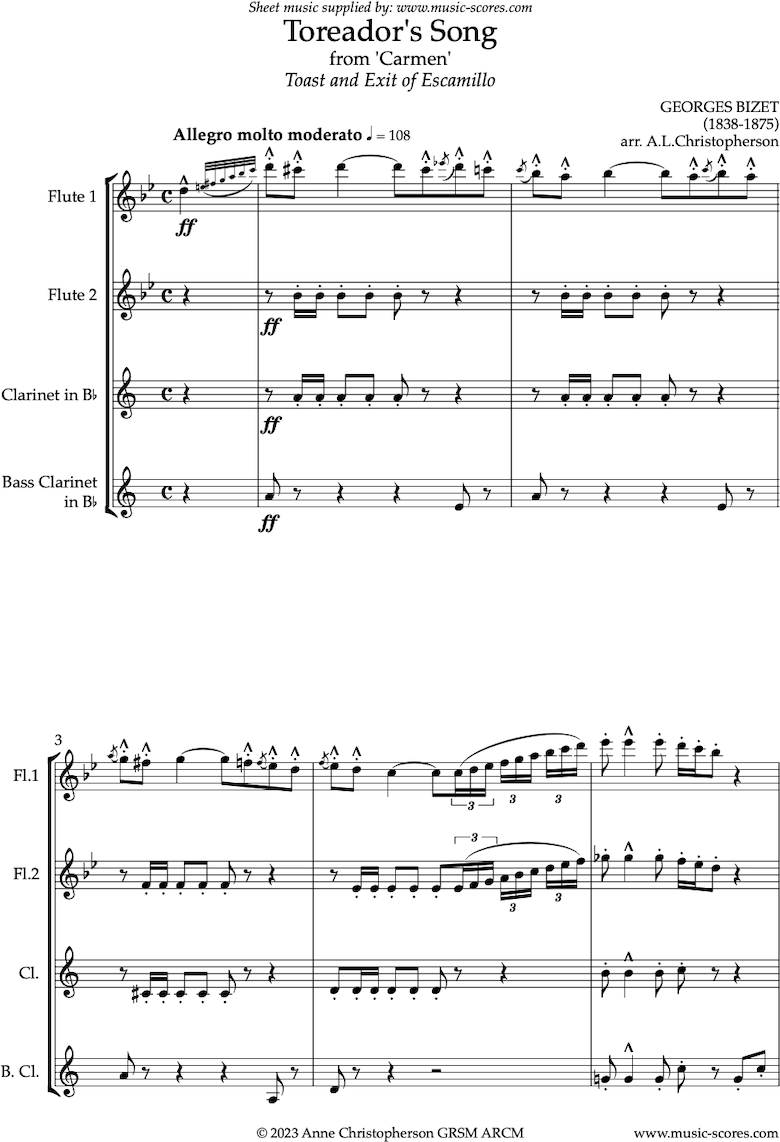 Front page of Toreadors Song: from Carmen: Wind quartet: 2 fl,Cl,BCl Long sheet music