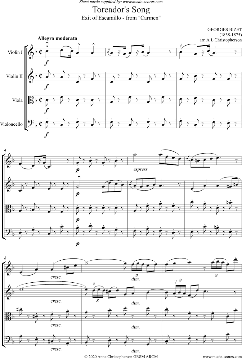 Front page of Toreadors Song: from Carmen: Short version: String quartet: normal range 1st violin sheet music