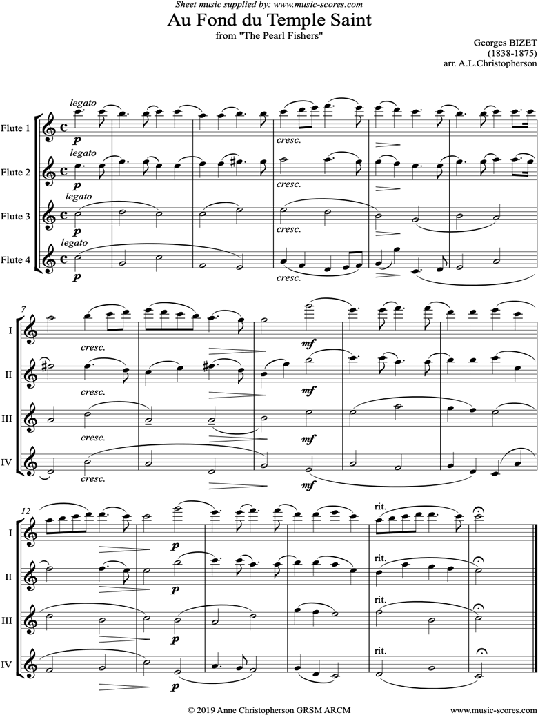 Front page of Pearl Fishers: Au Fond du Temple Saint: Wind sheet music