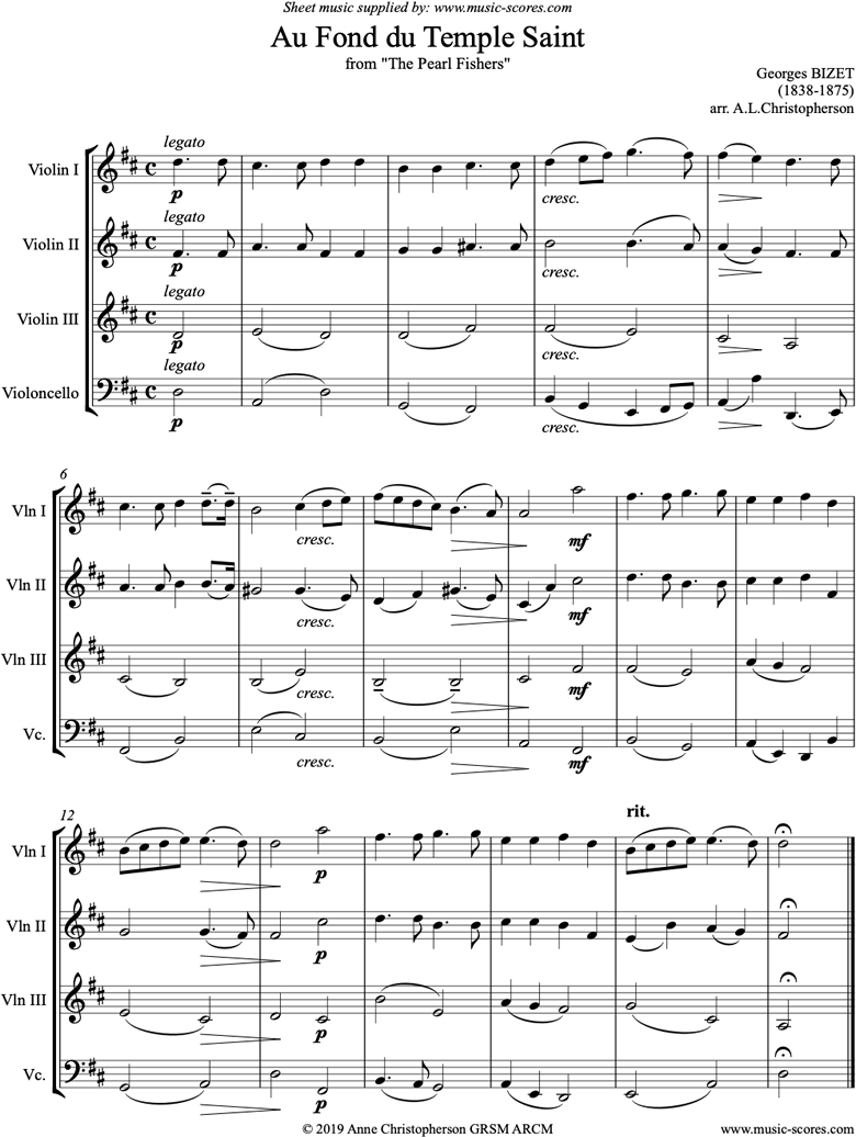 Front page of Pearl Fishers: Au Fond du Temple Saint: Strings sheet music