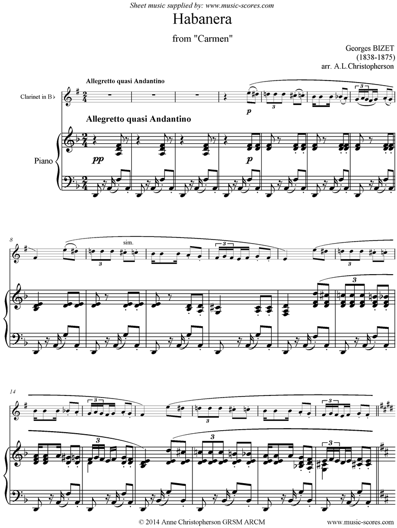 Front page of Habanera: from Carmen: Clarinet sheet music