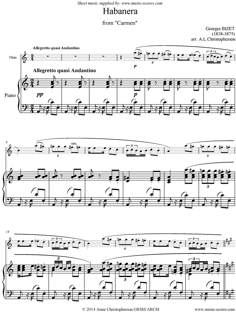 Front page of Habanera: from Carmen: Flute sheet music
