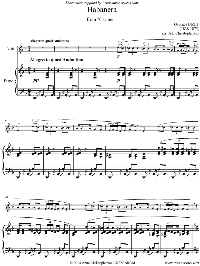 Front page of Habanera: from Carmen: Viola sheet music