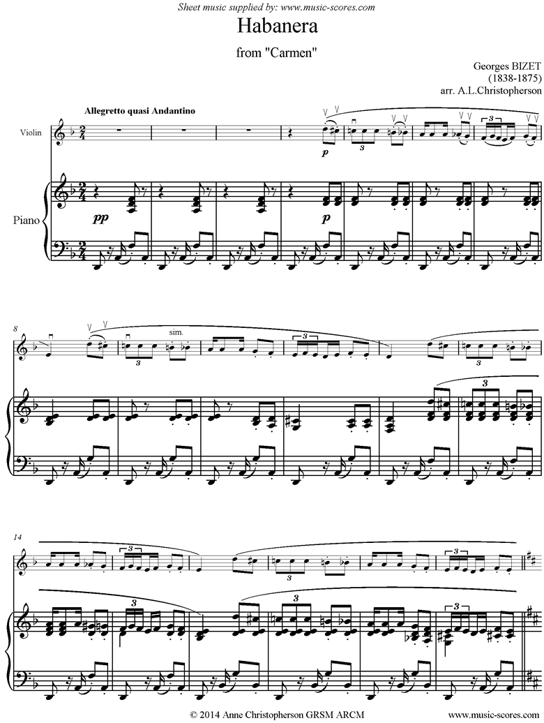 Front page of Habanera: from Carmen: Violin sheet music
