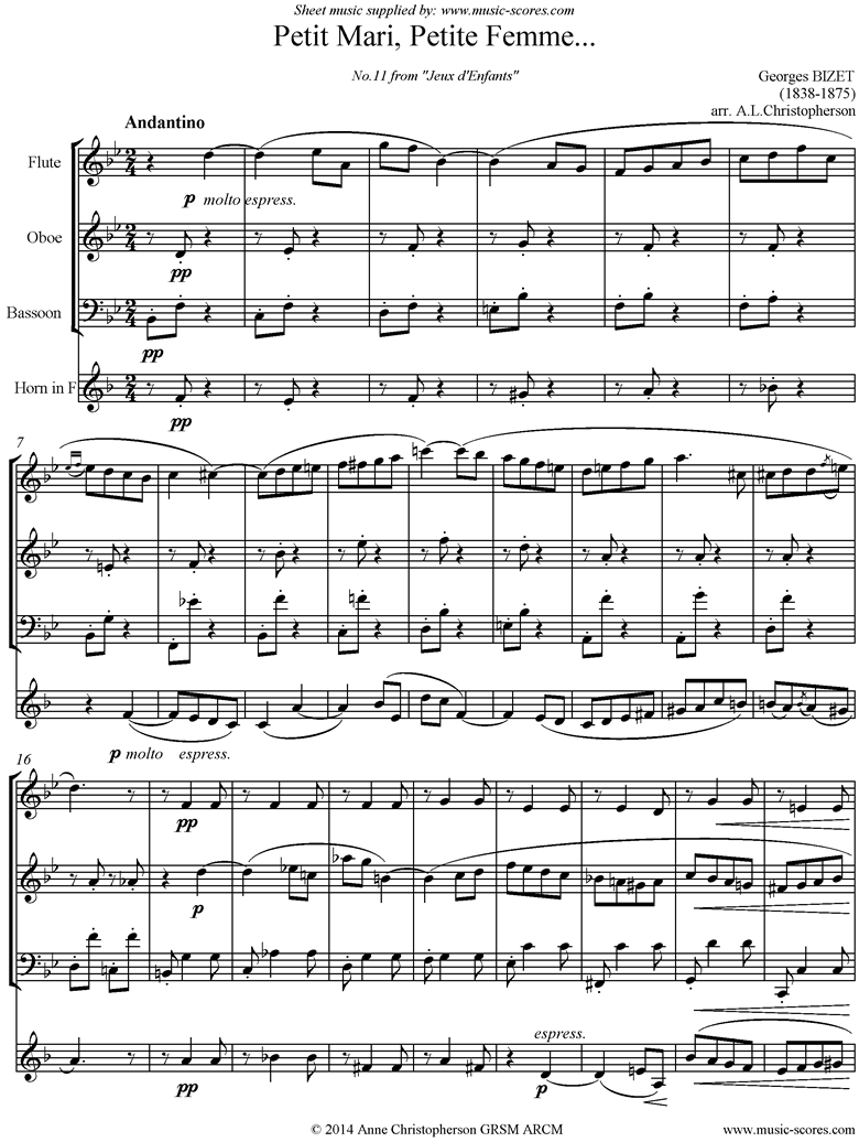 Front page of Jeux d Enfants: Petit Mari, Petite Femme: Flute, Oboe, Bassoon, French Horn sheet music