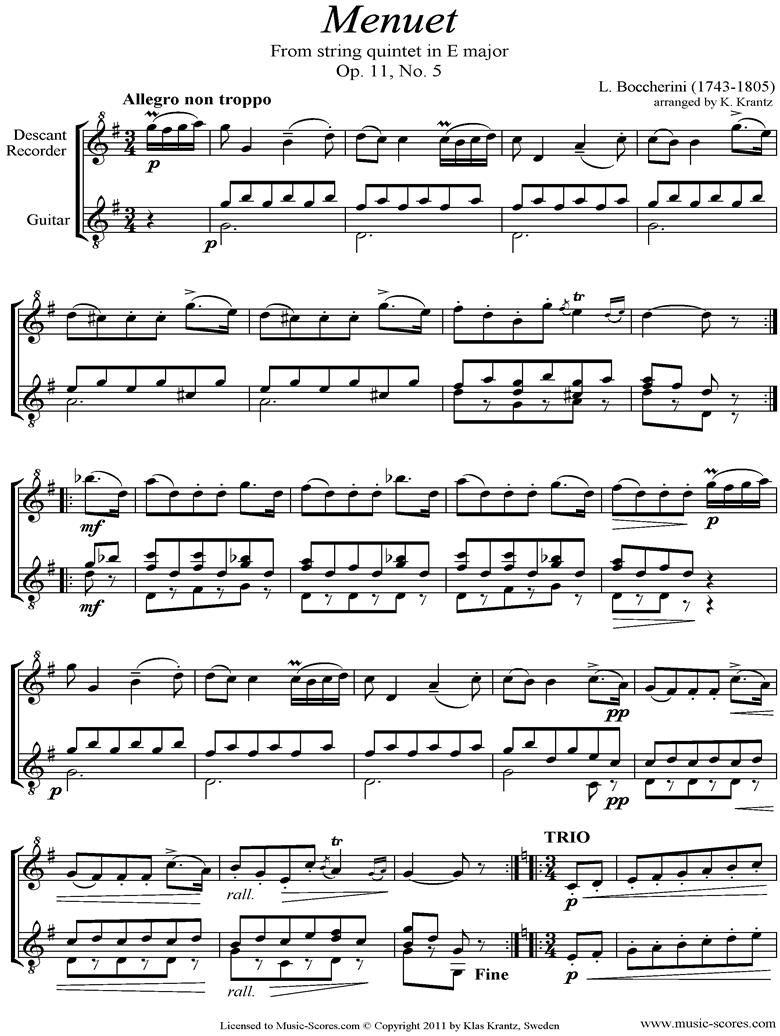 Front page of Minuet and Trio: from String Quintet in E: Descant Recorder, Guitar sheet music