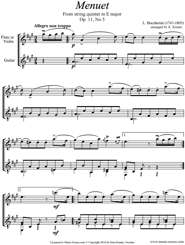 Front page of Minuet and Trio: from String Quintet in E: Flute, Guitar easier sheet music