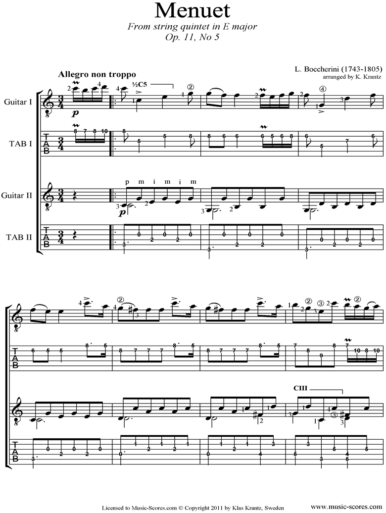 Minuet and Trio: from String Quintet in E: 2 Guitars, tabs by Boccherini