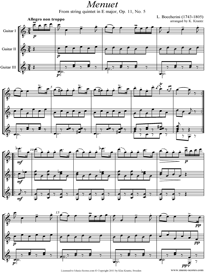 Front page of Minuet and Trio: from String Quintet in E: 3 Guitars sheet music