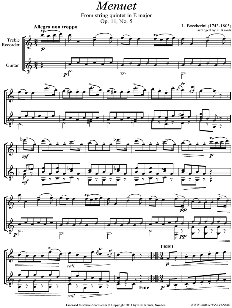 Minuet and Trio: from String Quintet in E: Treble Recorder, Guitar by Boccherini
