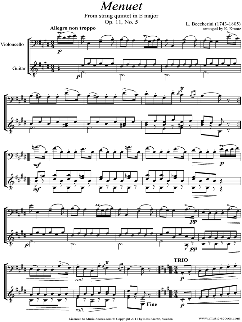 Front page of Minuet and Trio: from String Quintet in E: Cello, Guitar sheet music