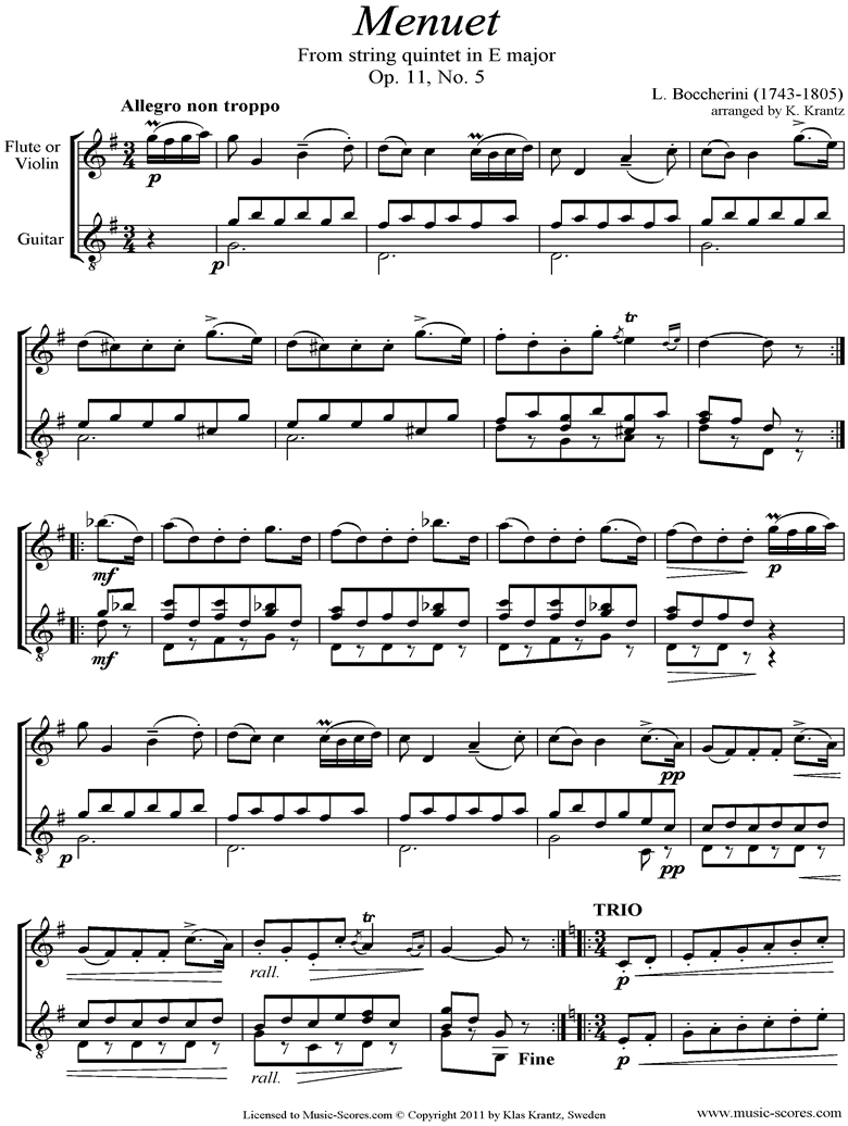 Front page of Minuet and Trio: from String Quintet in E: Violin, Guitar sheet music