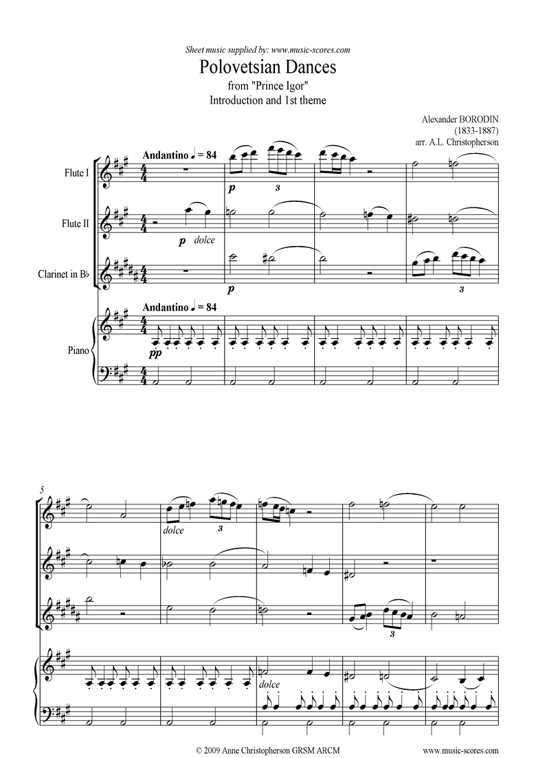 Front page of Prince Igor: Polovetsian Dance theme: 2fl, Cl, Pno sheet music