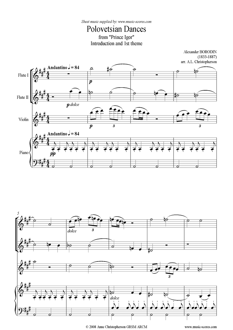 Front page of Prince Igor: Polovetsian Dance theme: 2fl, Vn, Pno sheet music