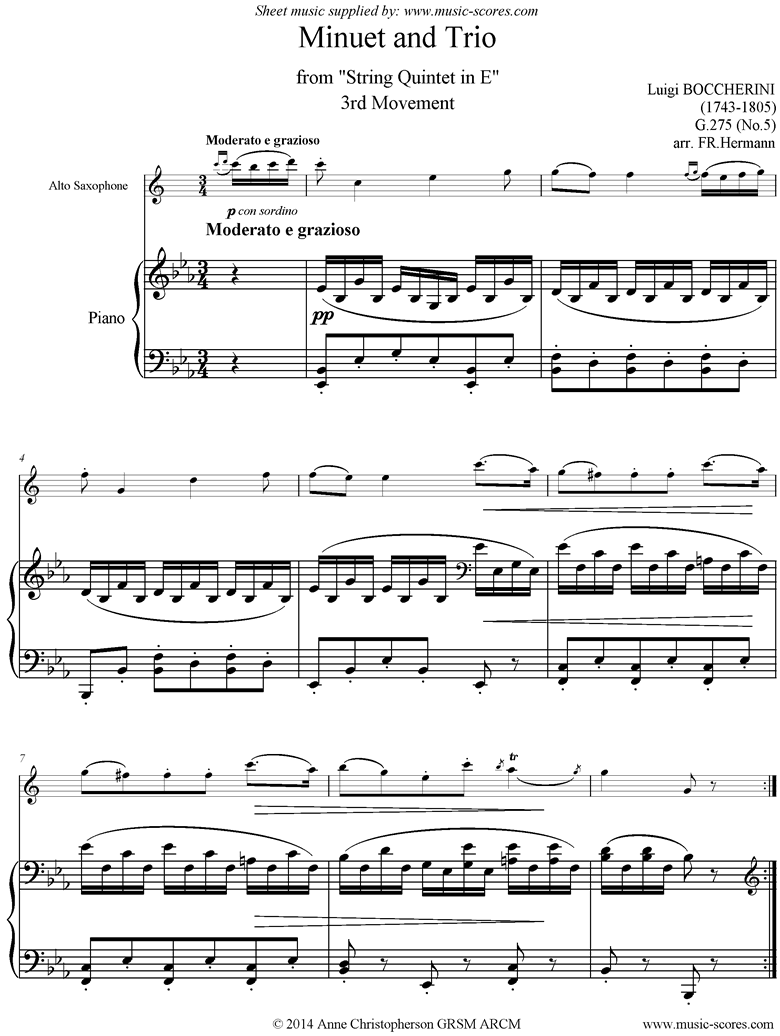 Front page of Minuet and Trio: from String Quintet in E: Alto Sax, Piano sheet music