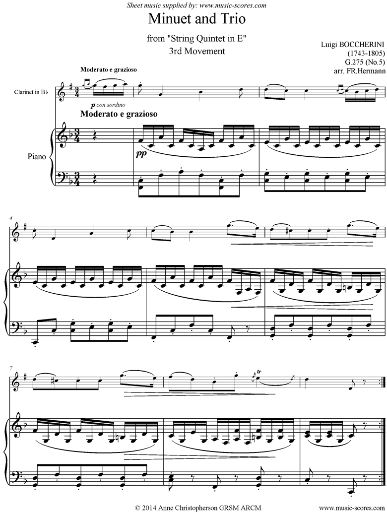 Front page of Minuet and Trio: from String Quintet in E: Clarinet, Piano sheet music