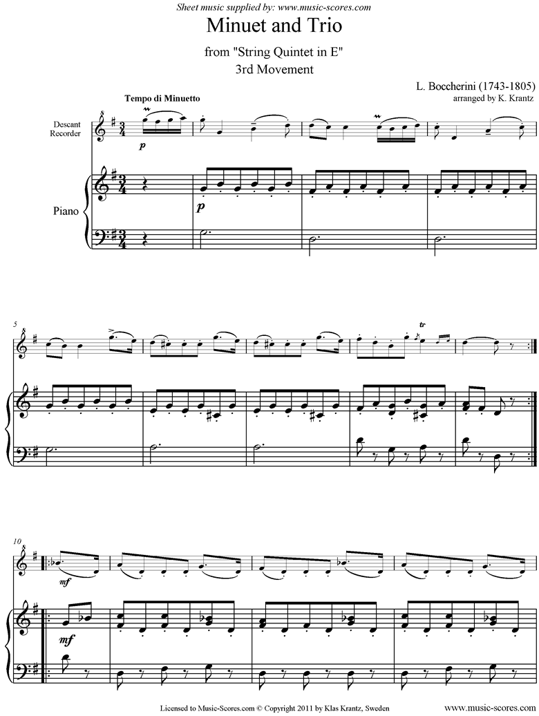 Front page of Minuet and Trio: from String Quintet in E: Descant Recorder, Piano sheet music