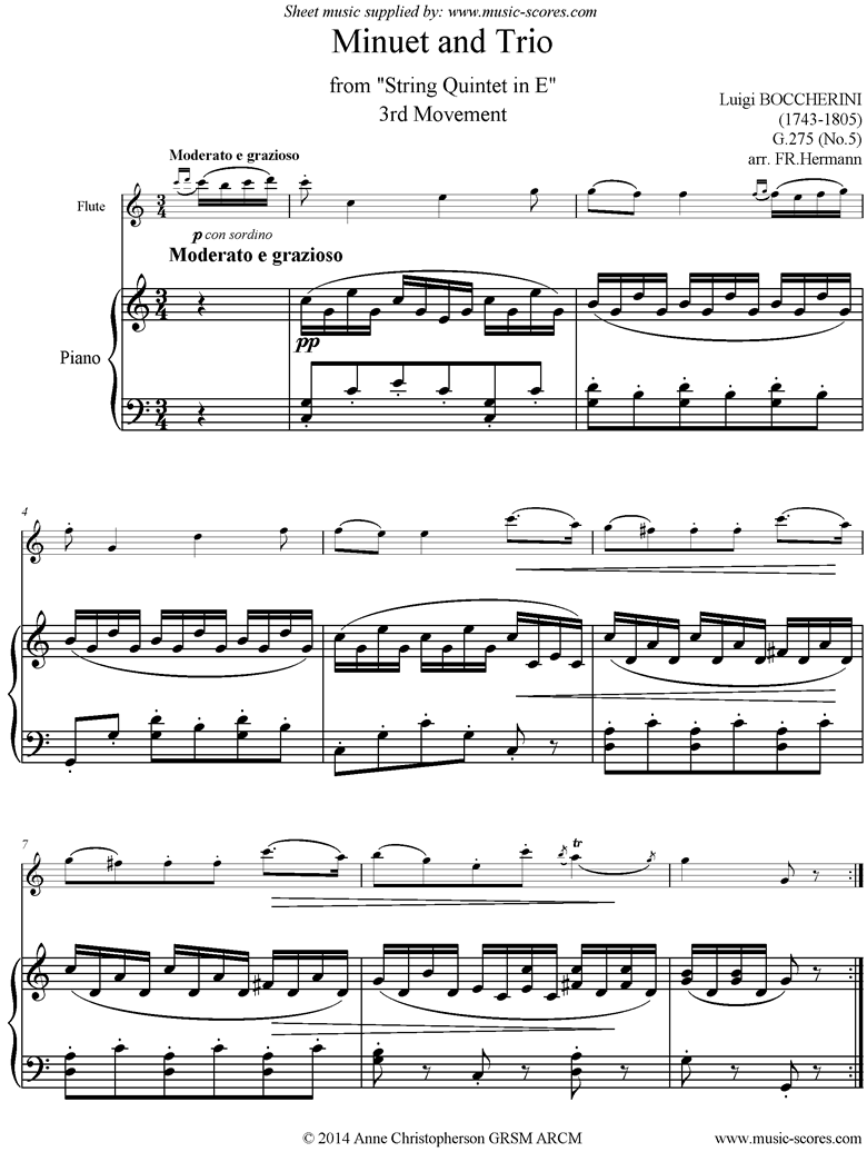 Front page of Minuet and Trio: from String Quintet in E: Flute, Piano sheet music