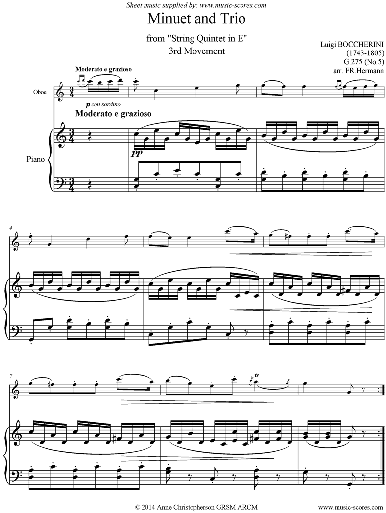 Front page of Minuet and Trio: from String Quintet in E: Oboe, Piano sheet music