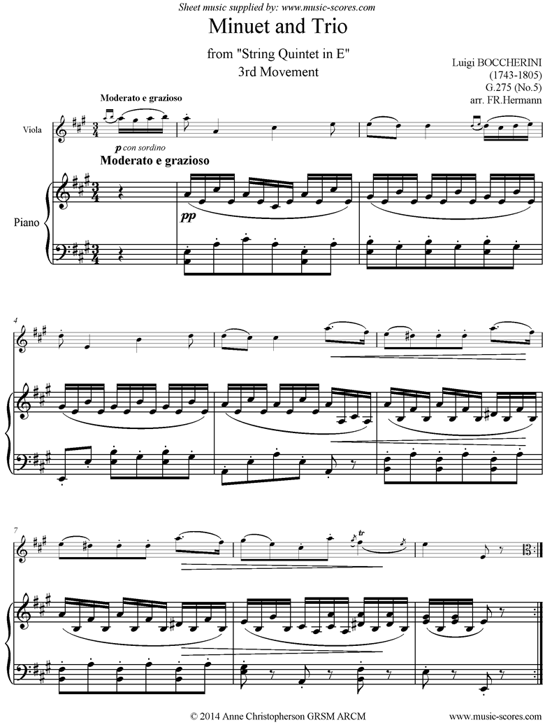 Front page of Minuet and Trio: from String Quintet in E: Viola, Piano. Higher sheet music