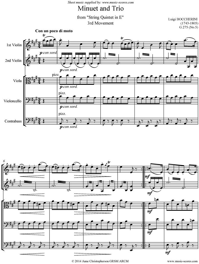 Front page of Minuet and Trio: from String Quintet in E: String 5 sheet music