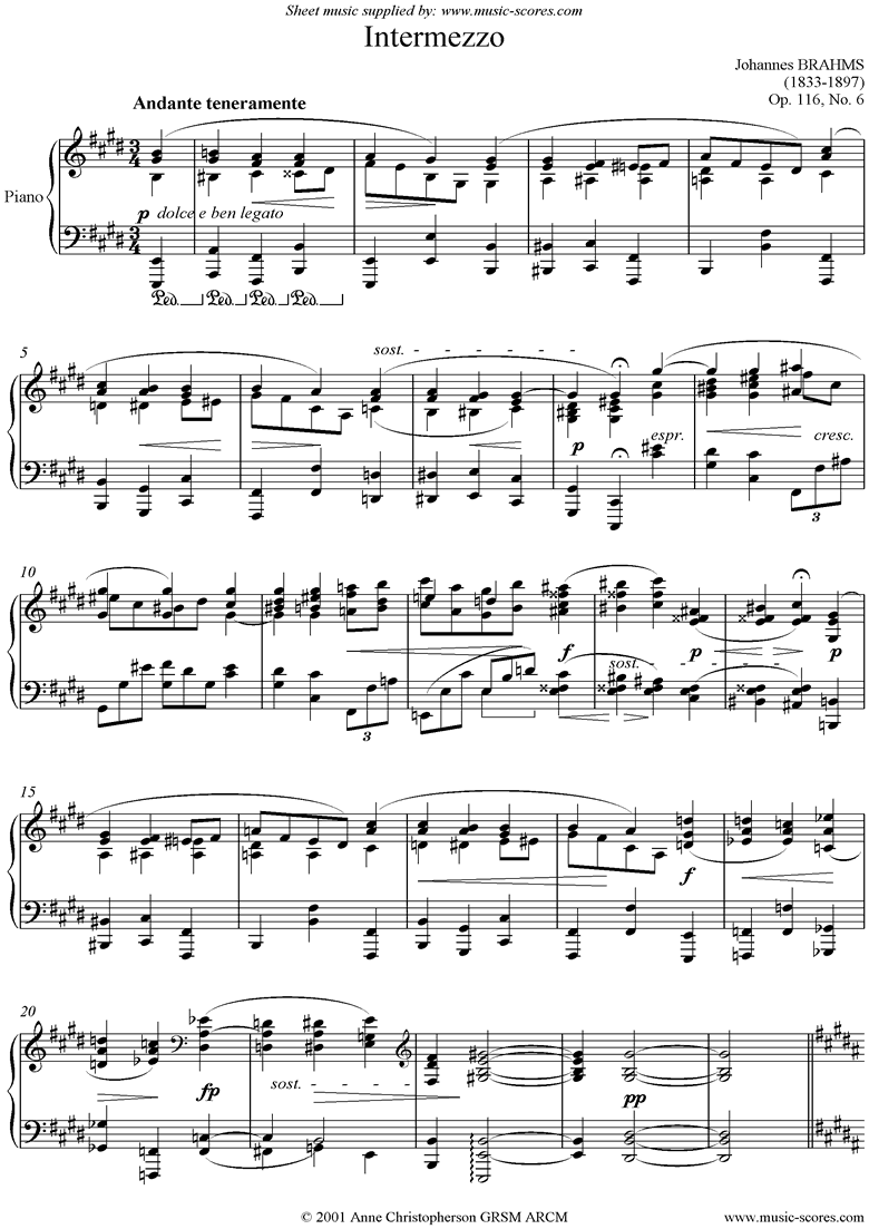 Front page of Op.116, No.6: Intermezzo in E sheet music