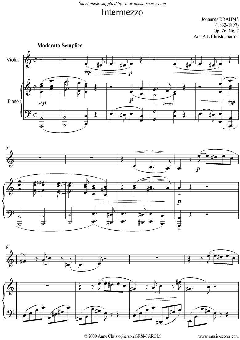 Front page of Op.76, No.7: Intermezzo in A minor: Violin sheet music