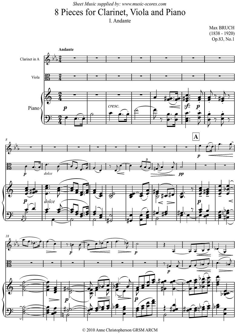Op.83 No.1 Andante for Clarinet in A, Viola, Piano by Bruch