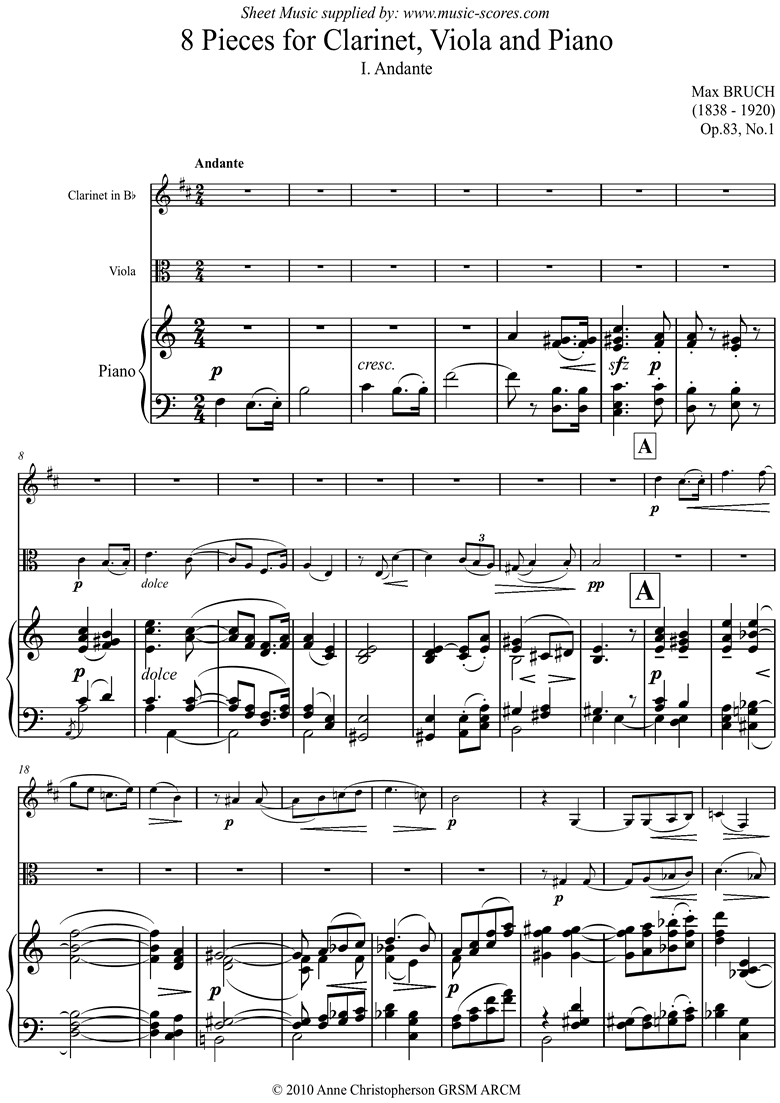 Op.83 No.1 Andante for Clarinet in Bb Viola, Piano by Bruch