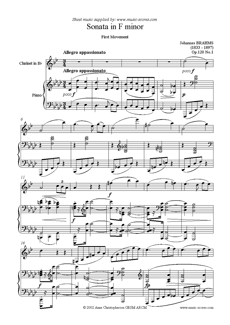 Front page of Op.120, No.1: Sonata in F minor, 1st Movement sheet music