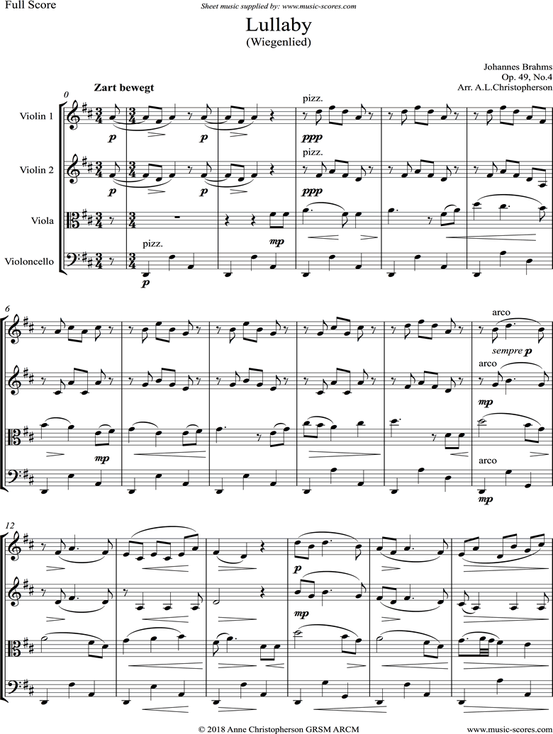 Front page of Op.49, No.4: Brahms Lullaby: String Quartet sheet music