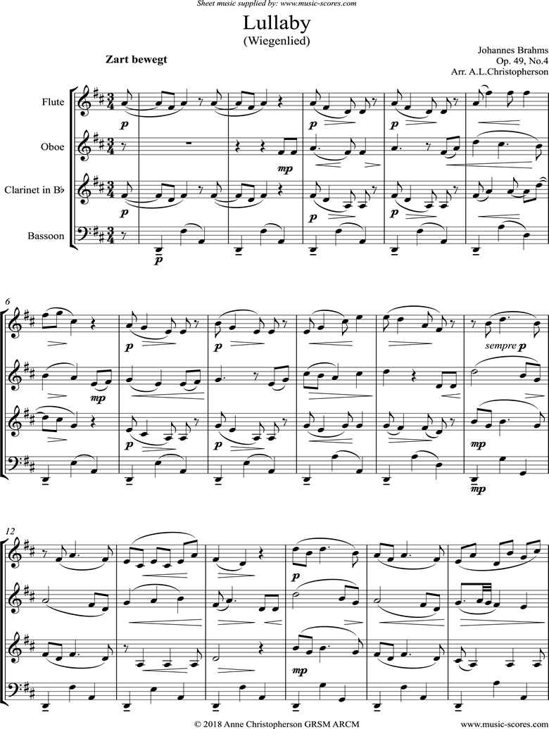 Front page of Op.49, No.4: Brahms Lullaby: Wind Quartet sheet music